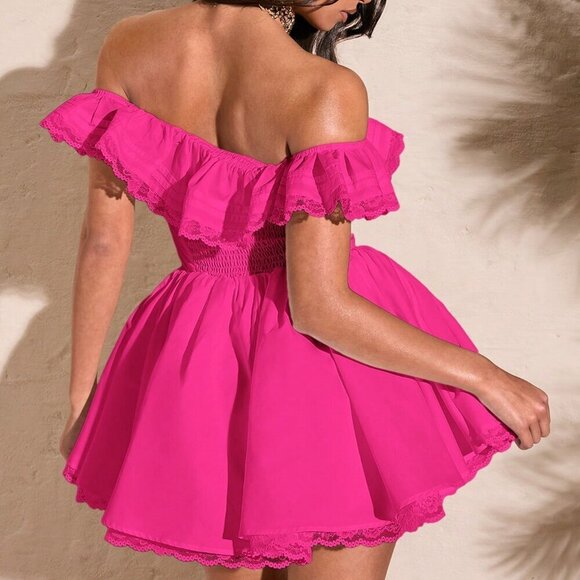 Hot Pink Elegant Women's Sexy Off Shoulder Lace Ruffled Chest Lace Edge Dress - Picture 2 of 7